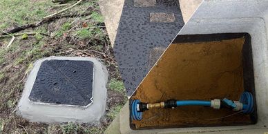 Two images showing a water meter box outside and its interior with piping.