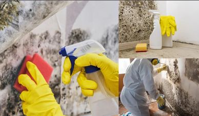 Cleaning mold from walls using gloves, sponge, and spray bottle.