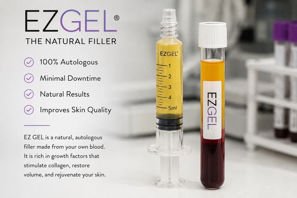EZ GEL natural filler syringe and blood vial.