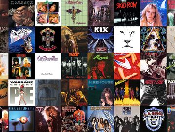 Collage of 36 classic 80s rock and metal album covers.