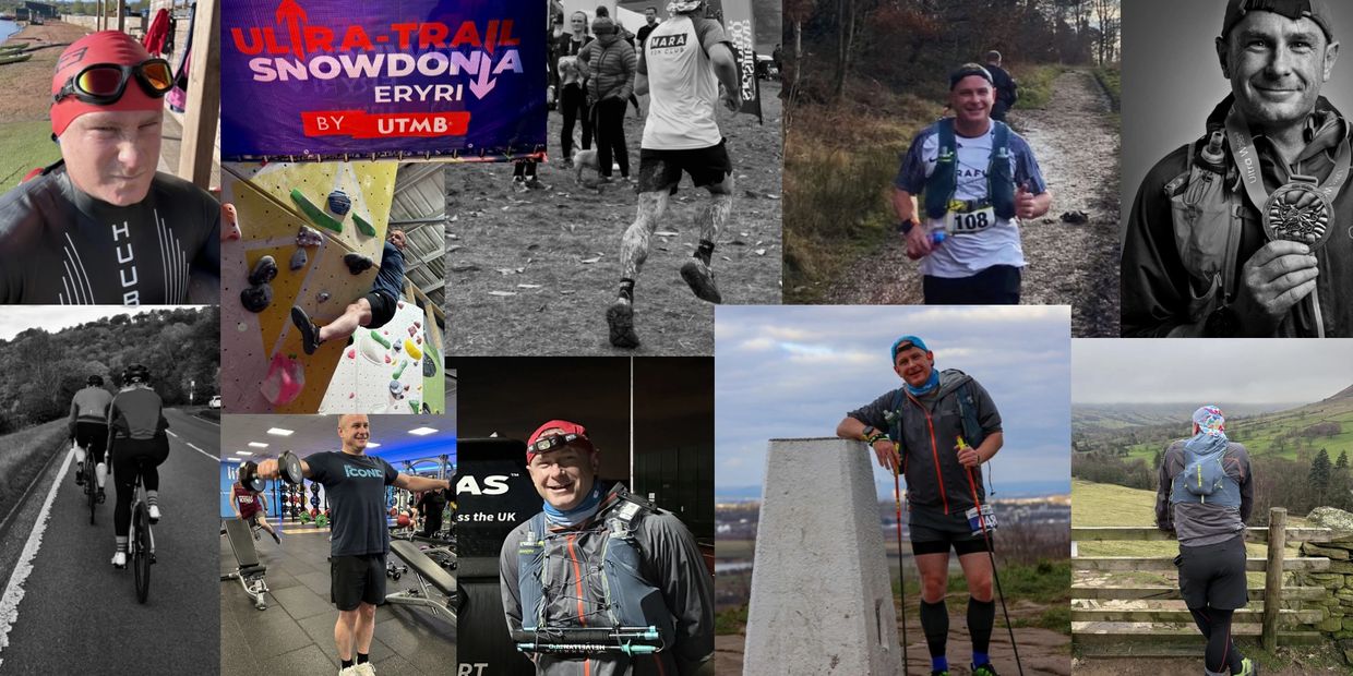 A collage showcasing various athletic activities including running, cycling, climbing, and swimming.