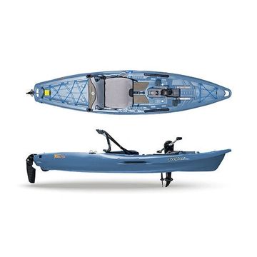 Blue sit-on-top kayak with adjustable seat and pedal system.