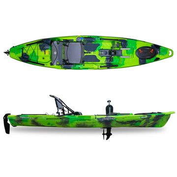 Green camouflage fishing kayak with a seat and pedal drive system.