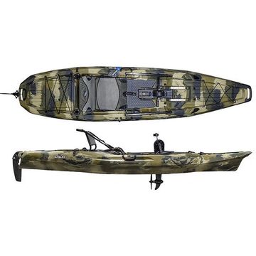 Camouflage fishing kayak with pedal drive system shown from top and side views.