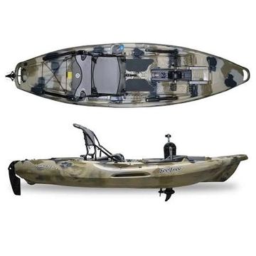 Camouflage fishing kayak with adjustable seat and pedal system.