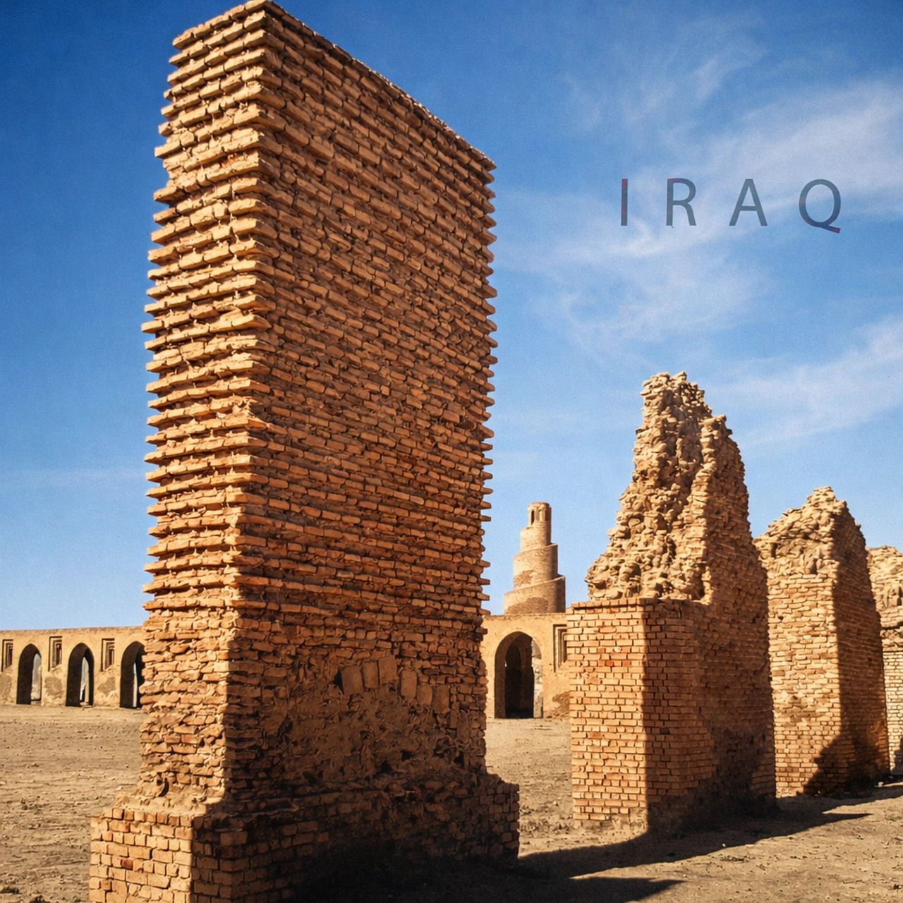 Ancient brick ruins under a clear blue sky.