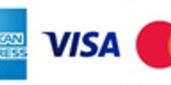 Logos of American Express, Visa, and Mastercard credit cards.