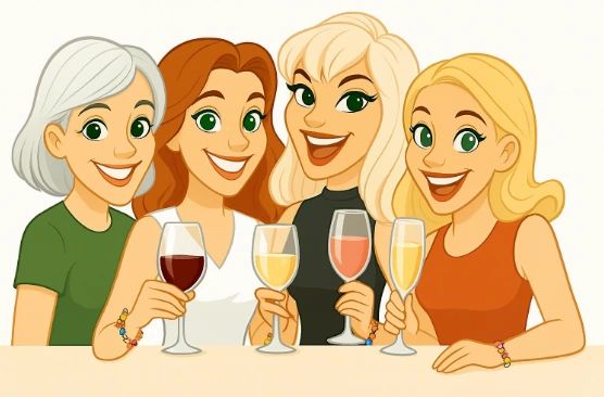 Four animated women cheer with wine glasses, smiling happily together.