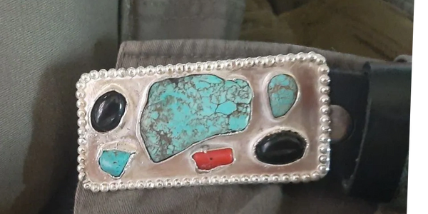 Southwestern silver belt buckle, turquoise, red coral, obsidian