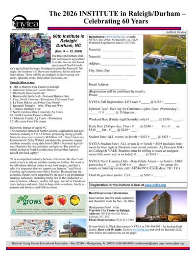 Flyer for the 2026 NYFEA Institute in Raleigh/Durham, celebrating 60 years.