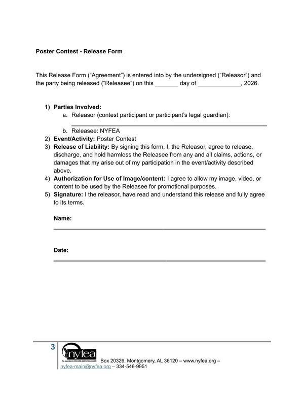 Poster contest release form for participant's image and liability waiver.