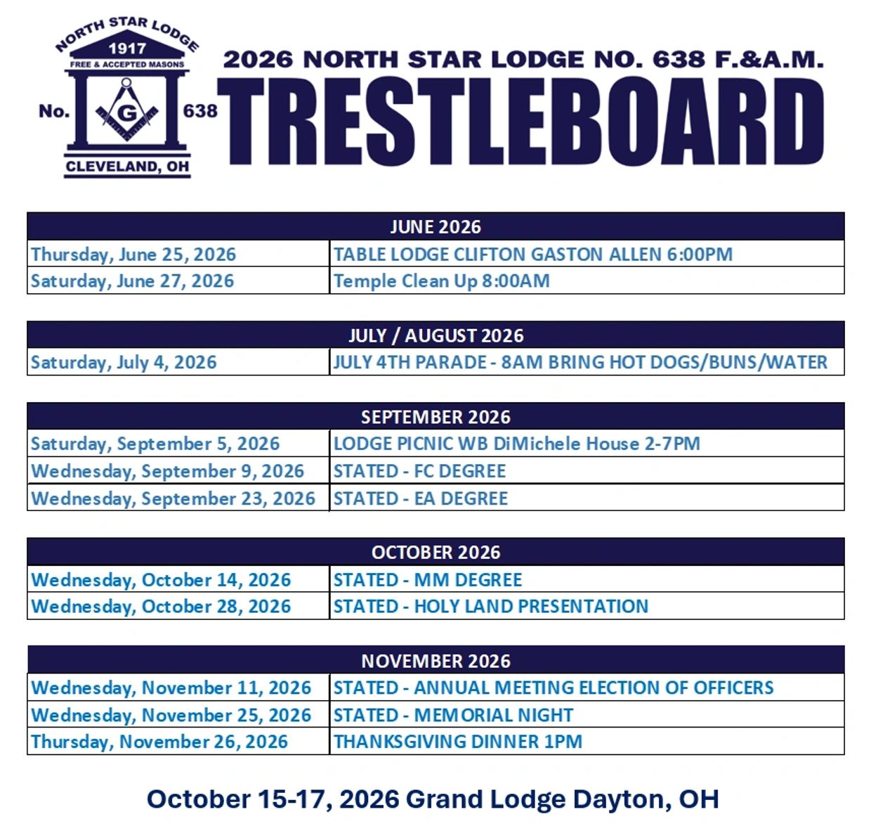 North Star Lodge No. 638 event schedule for June to November 2026 with key dates and activities.