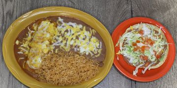 Tostada, enchilada beans and rice