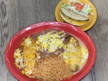 1 cheese & onion enchilada, 1 chile relleno & 1 ground beef taco
