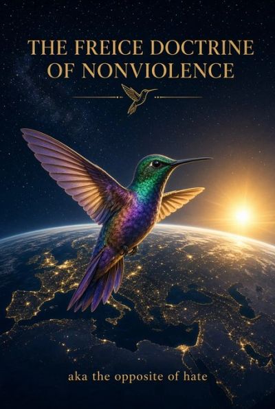 Colorful hummingbird over Earth with text about nonviolence doctrine.