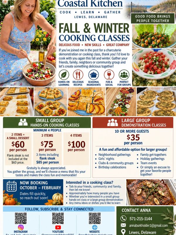 Flyer for Coastal Kitchen fall and winter cooking classes in Lewes, Delaware.