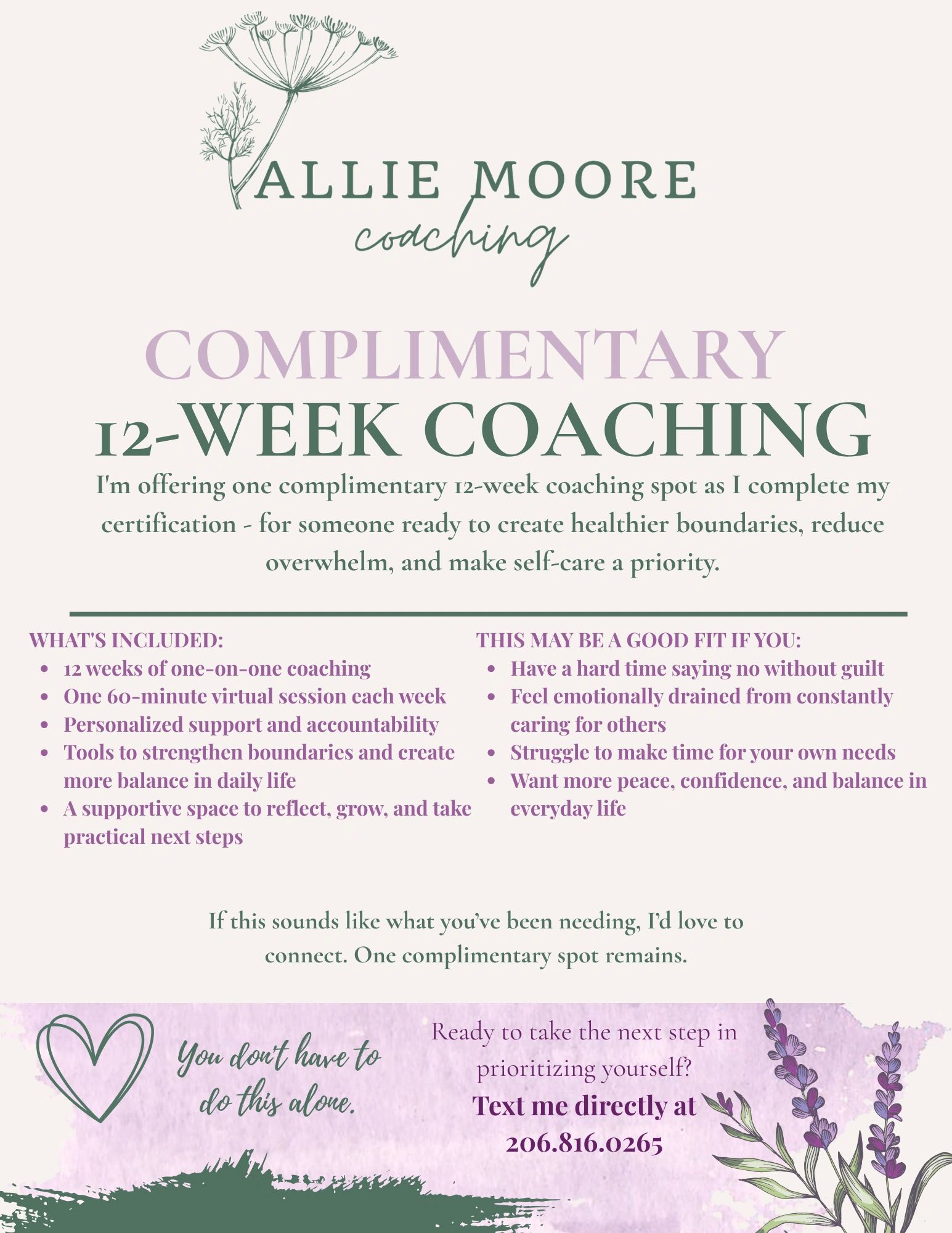 Allie Moore offers one complimentary 12-week coaching spot for healthier boundaries and self-care.