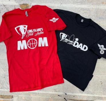 Two sports-themed t-shirts for Long Island parents.