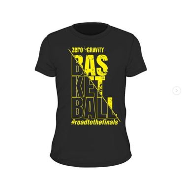 Black basketball-themed T-shirt with yellow text design.