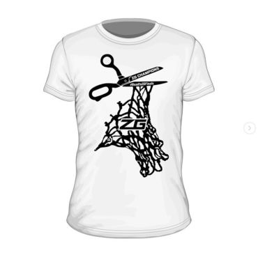 White t-shirt with black basketball-themed design and scissors.