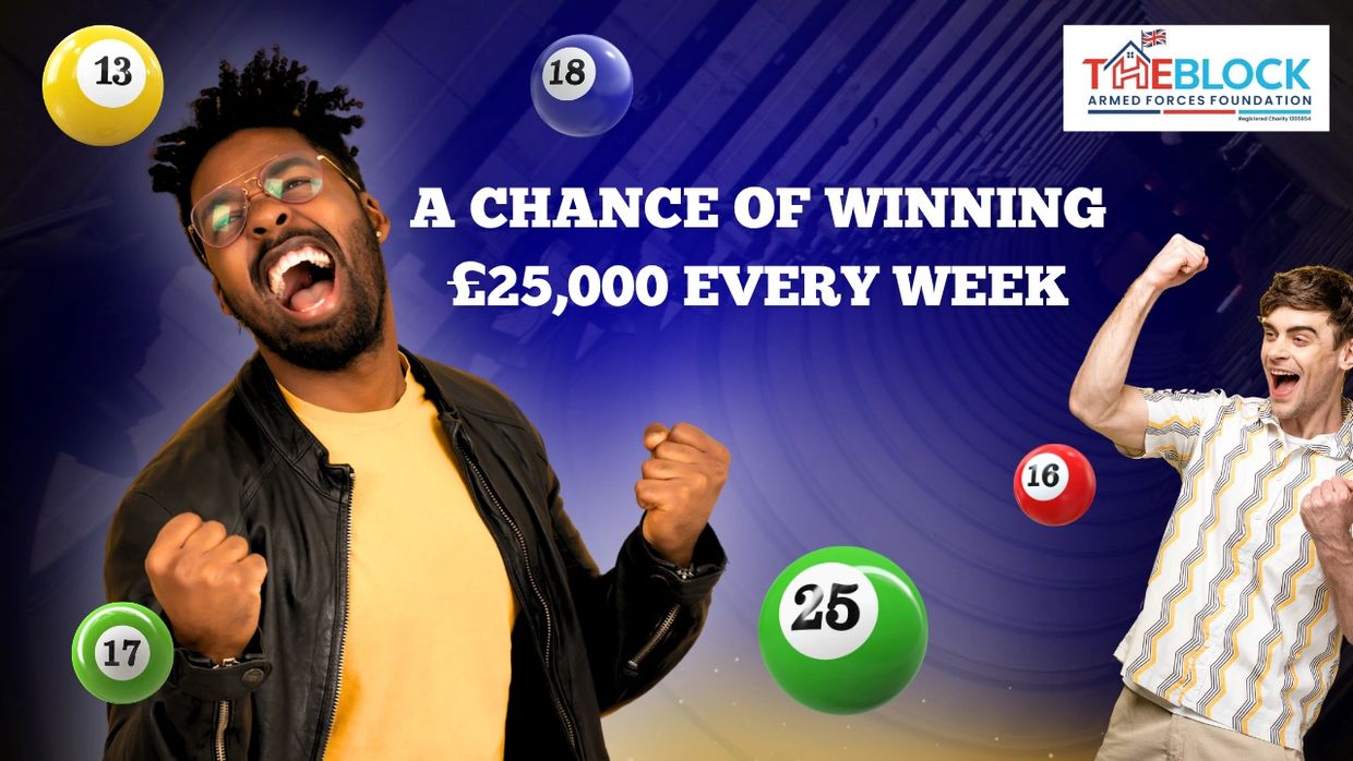 Excited people celebrate a £25,000 weekly prize chance with lottery balls around.