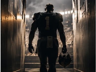 Football player standing in tunnel holding helmet.