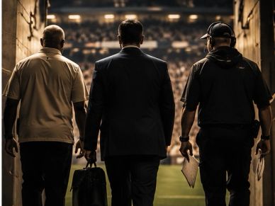 Three men walking towards a stadium.