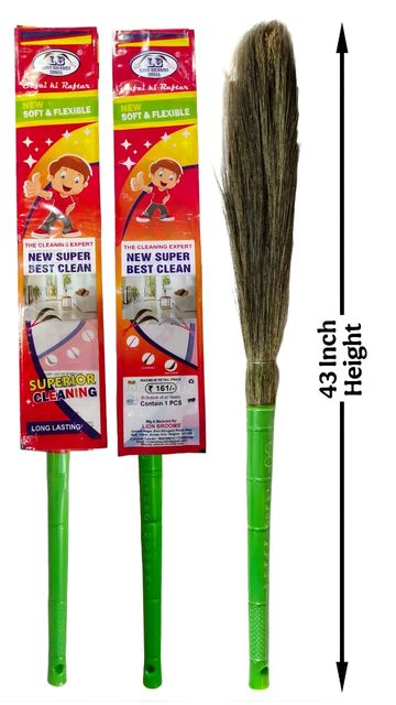 43-inch green-handled broom with soft, flexible bristles and vibrant packaging.