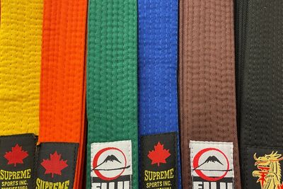 Yellow, orange, green, blue, brown and black judo belts side by side.