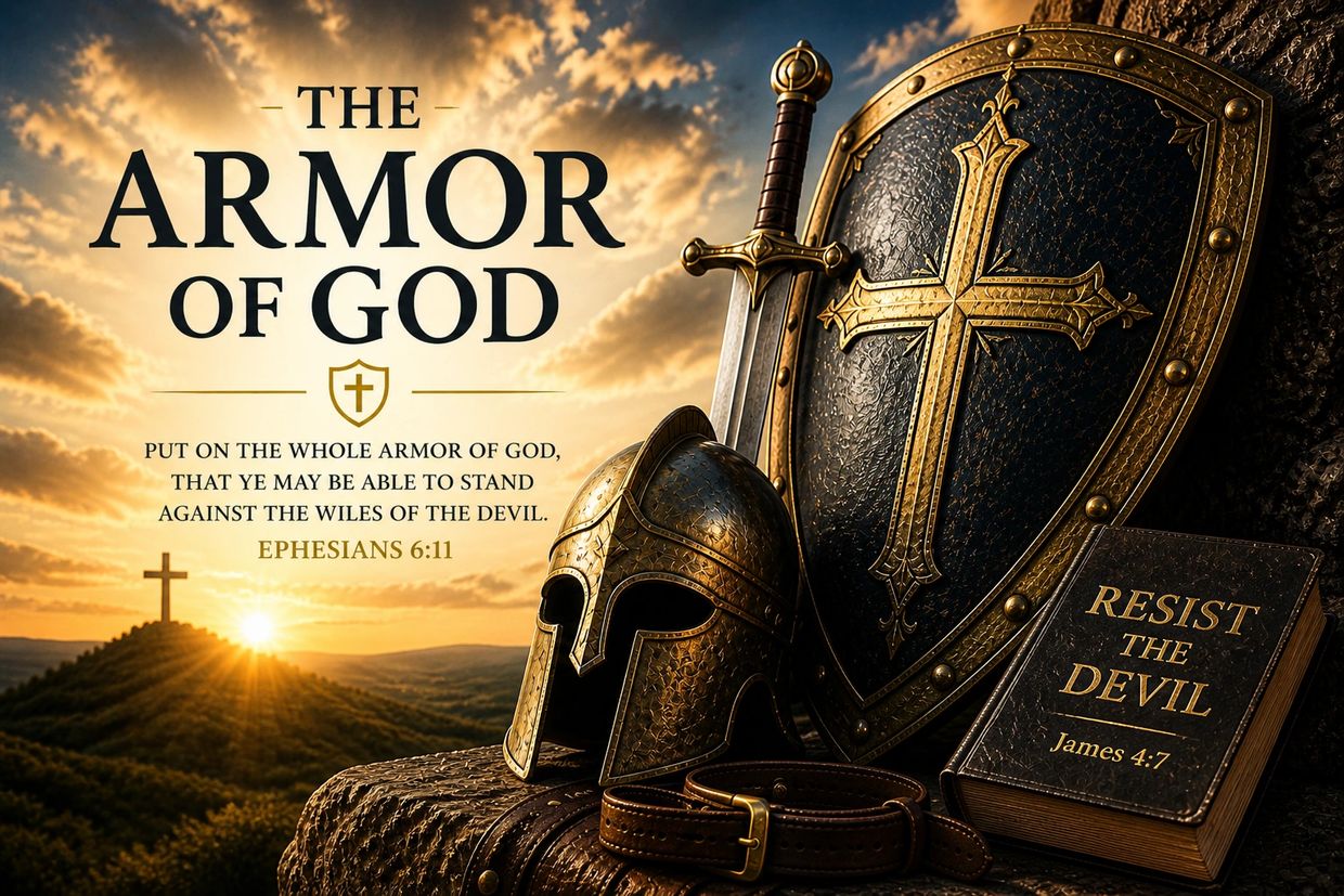 A symbolic display of the Armor of God with a helmet, shield, sword, and Bible against a sunset cross.