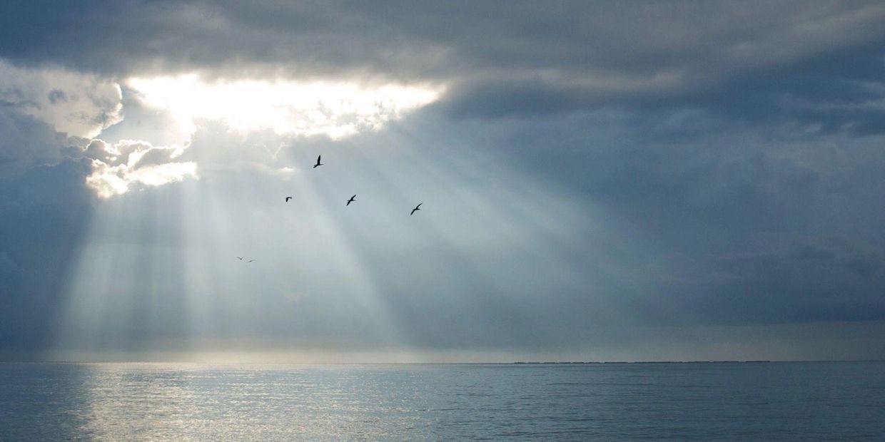 Sun rays breaking through clouds over a calm sea with birds flying.
