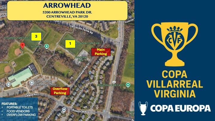 Map of Arrowhead Park with parking and field locations for Copa Villarreal Virginia.