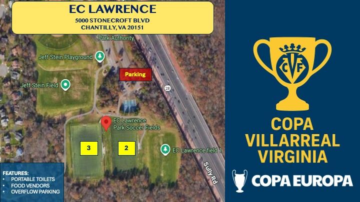 Map of EC Lawrence soccer fields and parking for Copa Villarreal Virginia event.