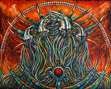 Abstract, colorful, tentacle-like creature with vibrant background.