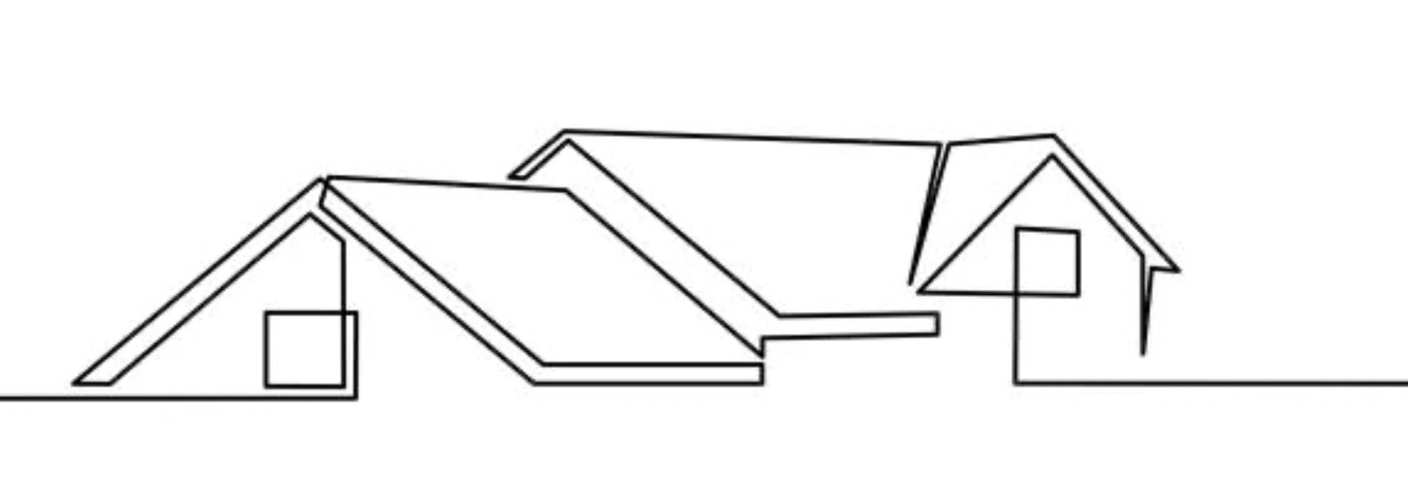 Minimalist line drawing of three house rooftops with windows.