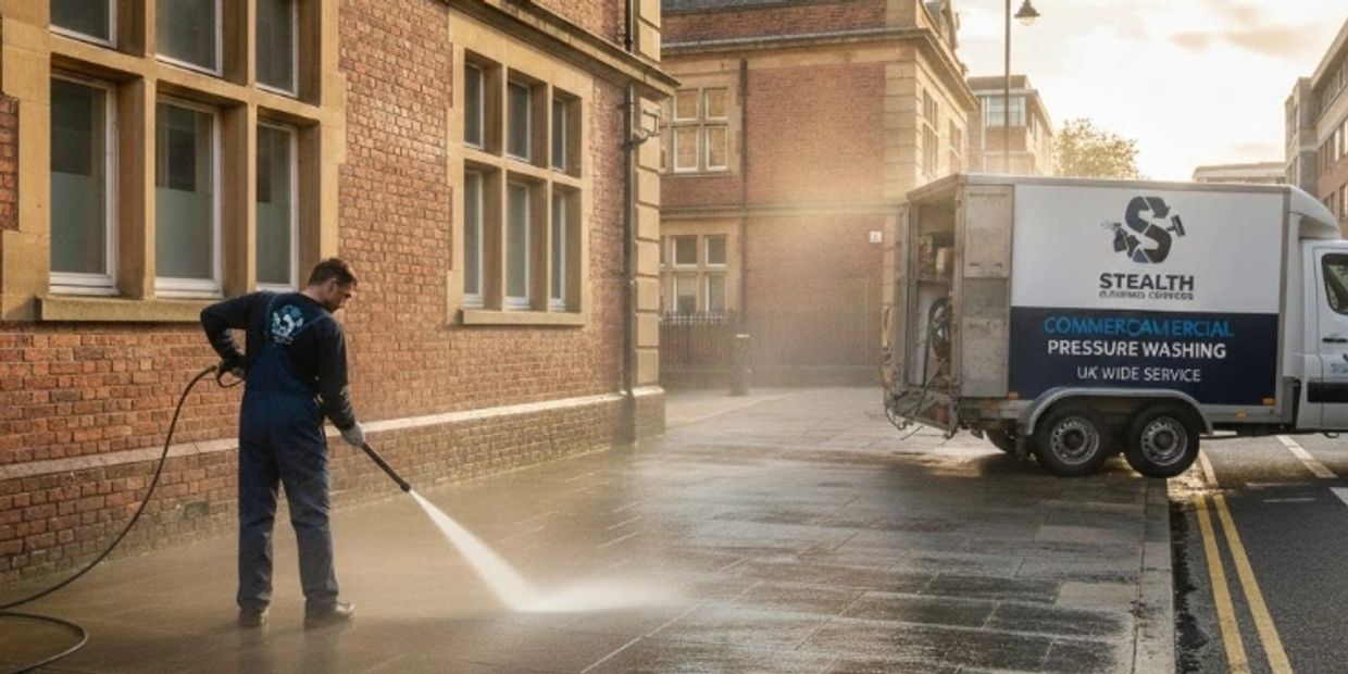 A worker pressure washing a sidewalk near a brick building at sunset.