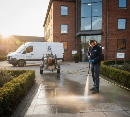 Worker pressure washing a sidewalk outside a commercial building at sunrise.