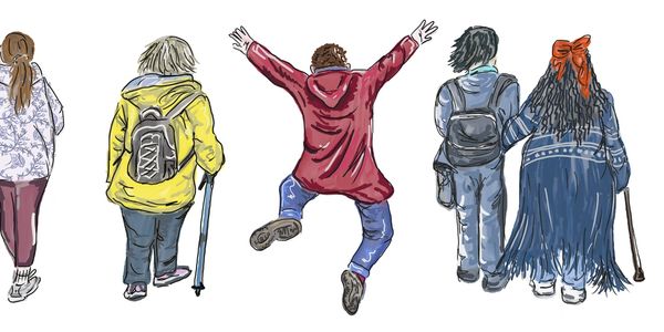 Drawing of the backs of 5 people, 2 waliking with aids.