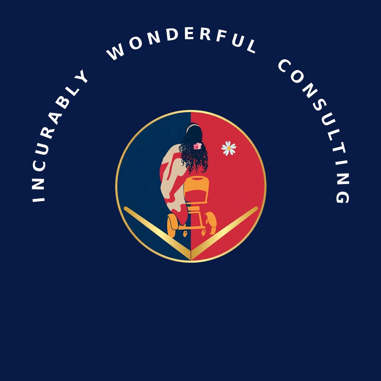 Logo of Incurably Wonderful Consulting with a woman in a wheelchair.