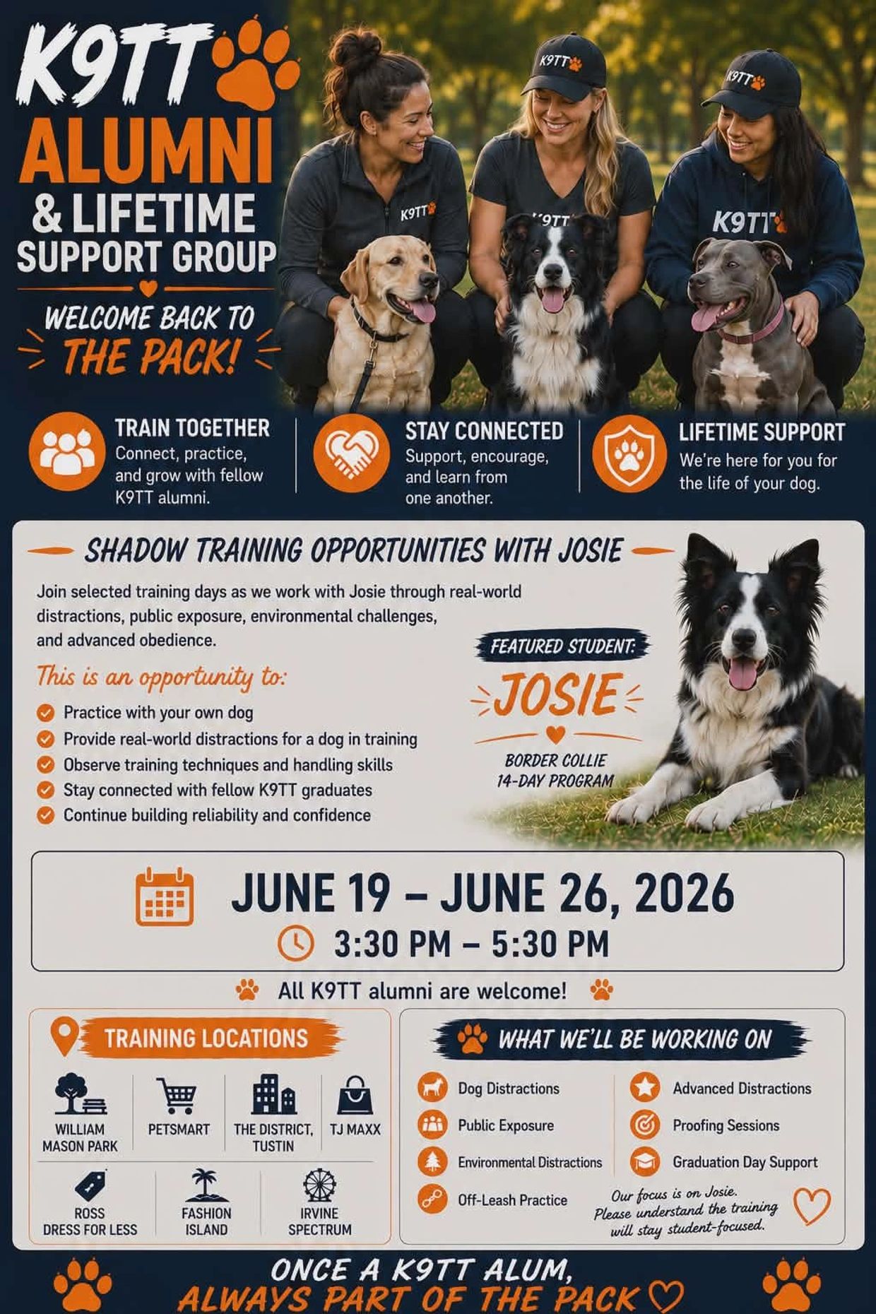 K9TT alumni support group offers shadow training with Josie, June 19-26, 2026, across multiple locations.