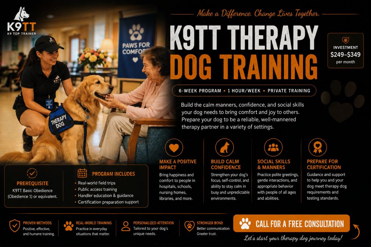 Therapy dog training program by K9TT for calm, social, and confident dogs.