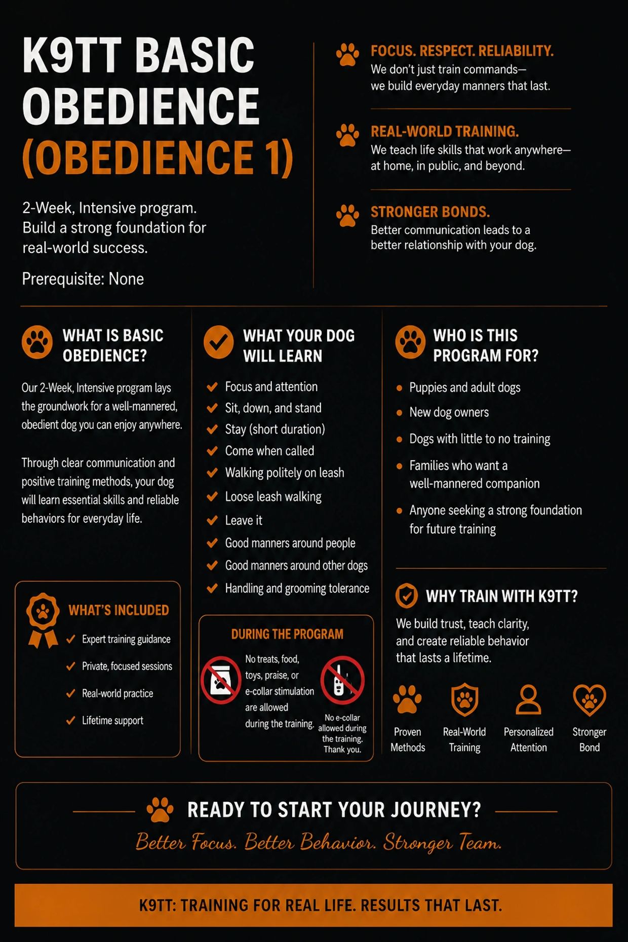 Flyer for K9TT Basic Obedience 2-week dog training program.