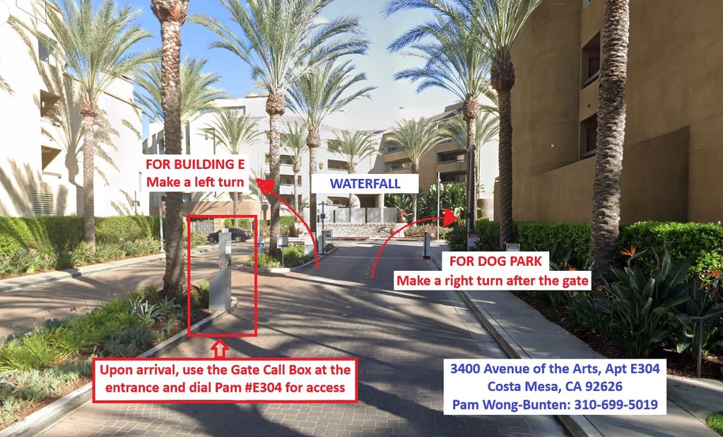 Gated entrance with directions to building E, dog park, and a waterfall in a residential area.