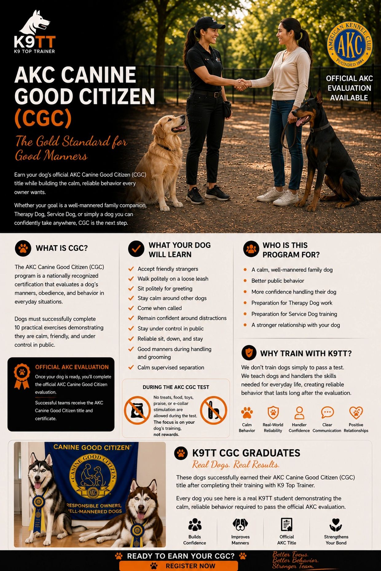 AKC Canine Good Citizen program promotes calm, reliable dog behavior.