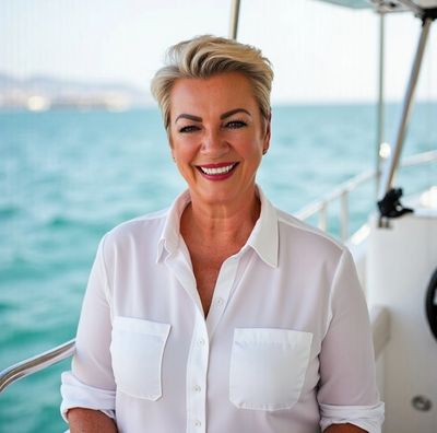 Smiling woman in white shirt enjoying a boat ride on a sunny day.