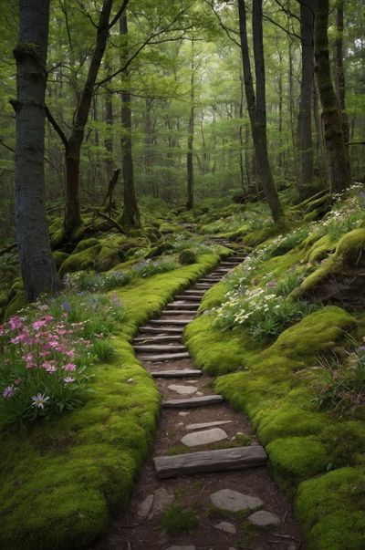 A serene forest path lined with moss and wildflowers.