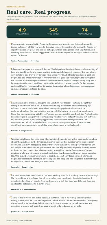 Selected verified Fay and Google reviews for Zamar McPherson, RDN 