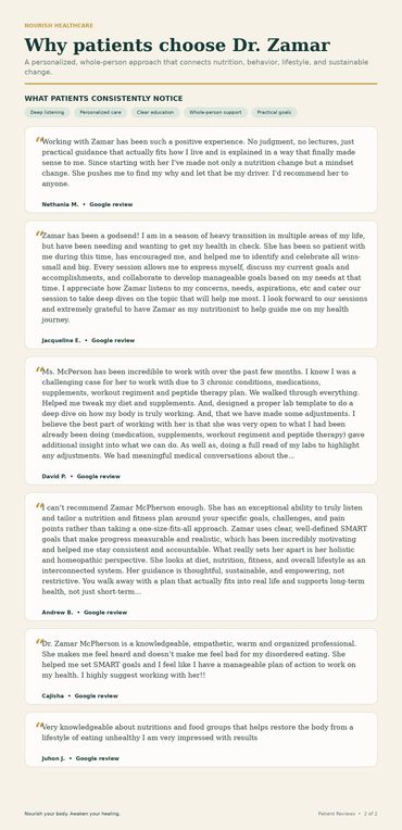 Selected verified Fay and Google reviews for Zamar McPherson, RDN, ND