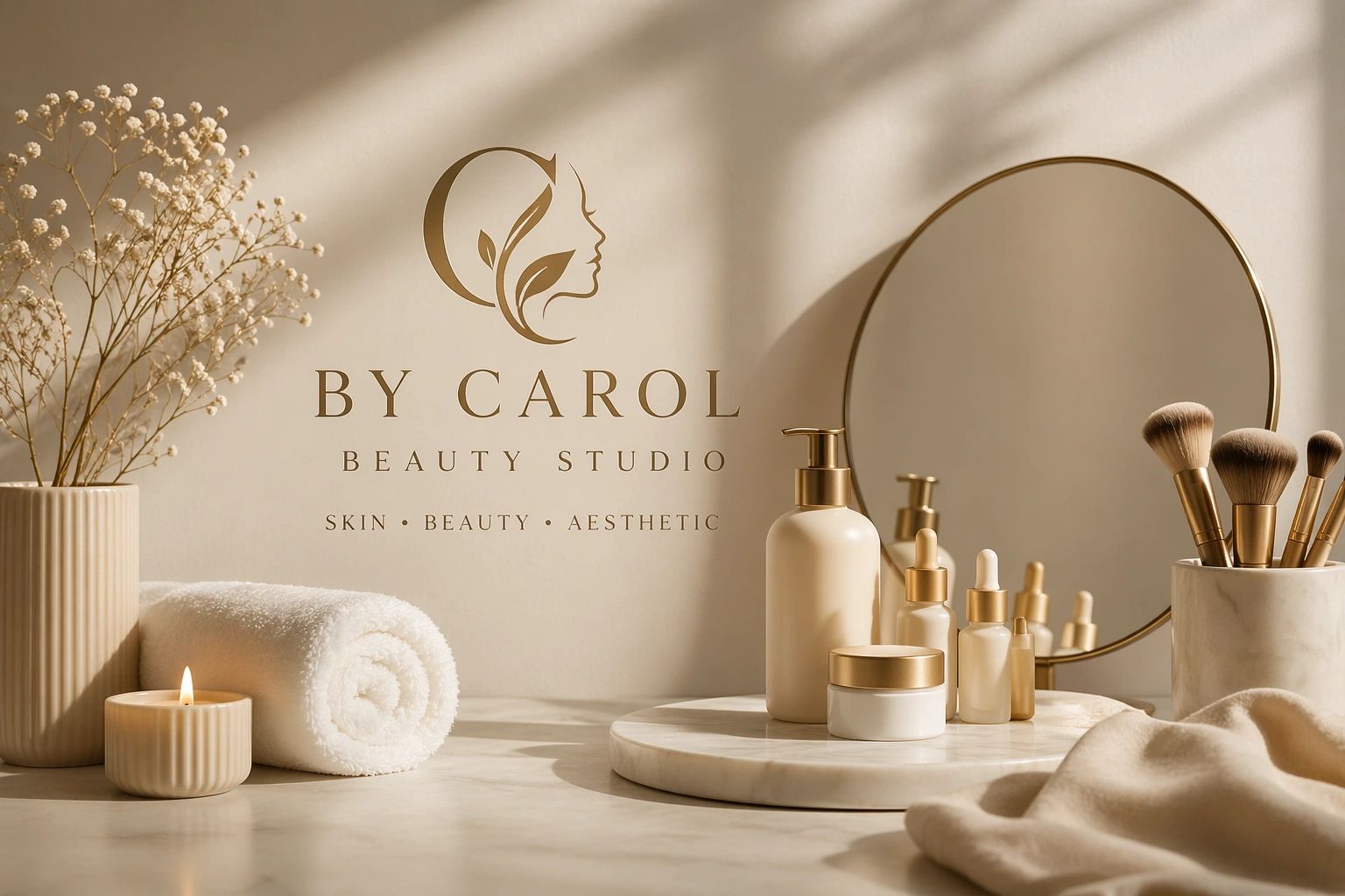 Elegant beauty studio setup with skincare products and decor.