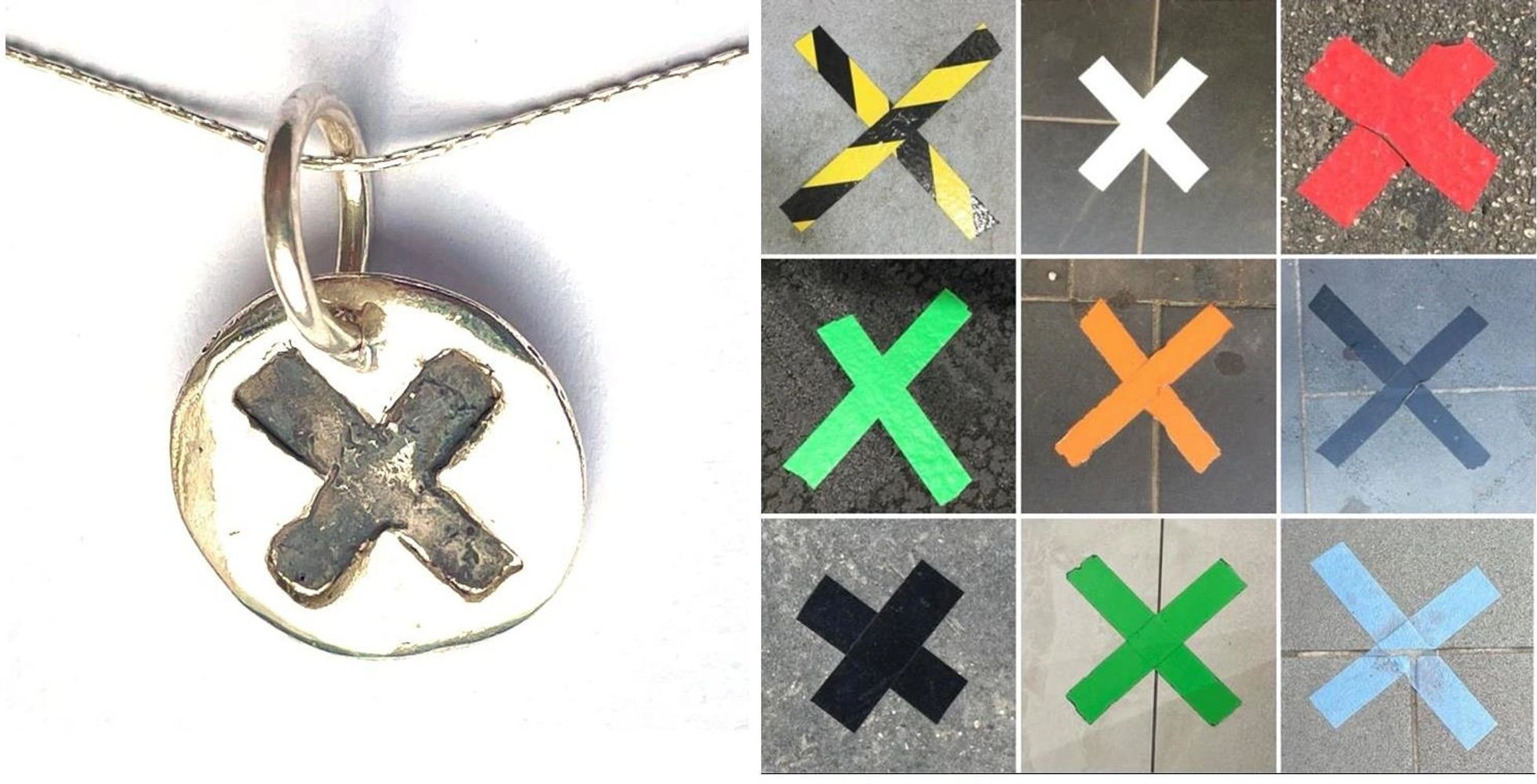 silver pendant with a black X cross and 9 crosses taped on the pavement